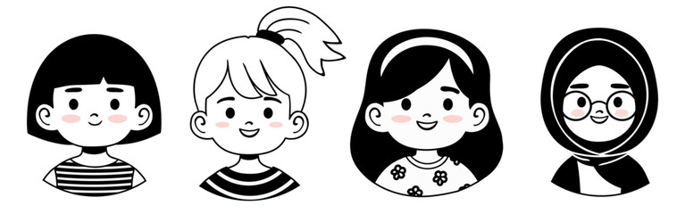 Set of cute minimal girl avatars in black and white. Perfect for social media profiles, educational projects, apps, branding, stickers and inclusive community designs.