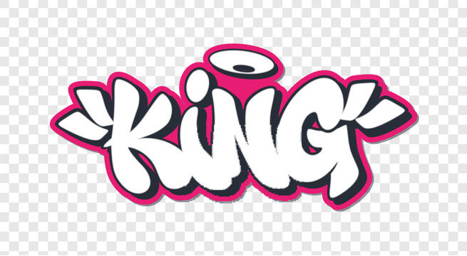 King in graffiti style text with halo on transparent background design.