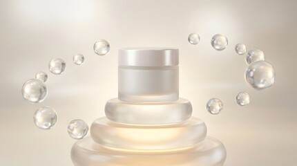 Face Cream Jar on Layered Spherical Platforms with Soft Pastel Light