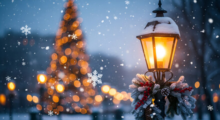 A glowing vintage street lantern covered in snow stands before a blurred Christmas tree background