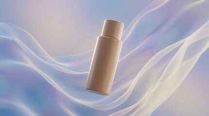 Matte Cosmetic Bottle Floating Among Abstract Translucent Waves