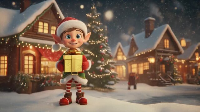 A cheerful Christmas elf holding a glowing present while standing in a snowy, festive village decorated with warm holiday lights.