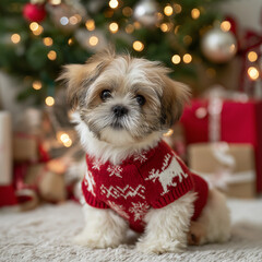 Shih Tzu's First Christmas: Adorable Puppy in Holiday Sweater
