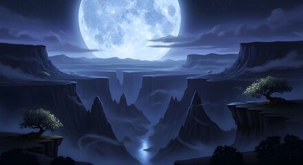 Cartoon canyon landscape with giant moon and whimsical trees at nighttime