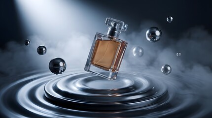 Perfume Bottle Above Metallic Ripple Platform with Chrome Spheres
