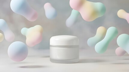 Moisturizer Jar Surrounded by Floating Foamlike Shapes and Soft Haze