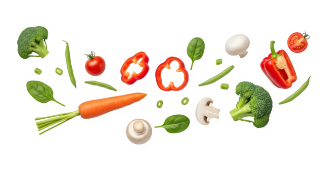 Fresh vegetables broccoli, carrot, bell pepper, spinach, isolated on transparent background