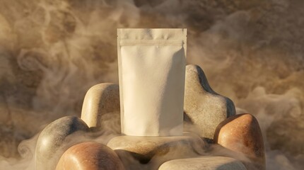 Product Pouch on Sculpted Stonelike Shapes with Cinematic Fog