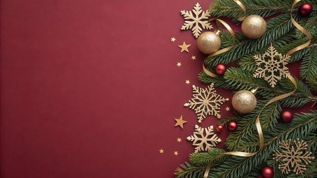 Festive christmas tree garland with gold ornaments and snowflakes