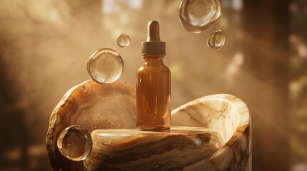 Serum Bottle on Polished Abstract Stone with Glossy Gel Droplets