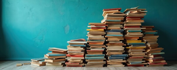 Stacks of various vintage and new books arranged against a teal textured wall. Old and modern novels, textbooks, and encyclopedias fill shelves and floor space. Stories await reader.
