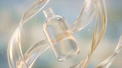 Shampoo Bottle Among Translucent Fluid Ribbons with Soft Highlights