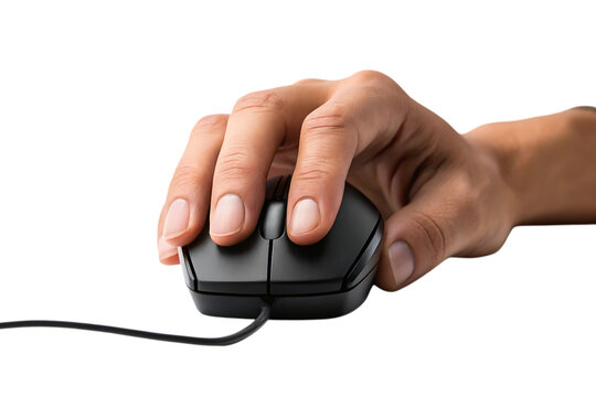 Hand using wired computer mouse for navigation on white background