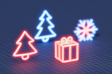 Glowing neon holiday icons illustration featuring a gift box, Christmas tree, and snowflake, creating a festive atmosphere with vibrant colors and modern design elements