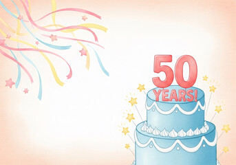 Blue 50th anniversary cake illustration with stars and streamers. Celebration background for fifty years jubilee or birthday. Party greeting card template with copy space