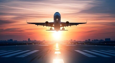 Airplane taking off at sunset with city background