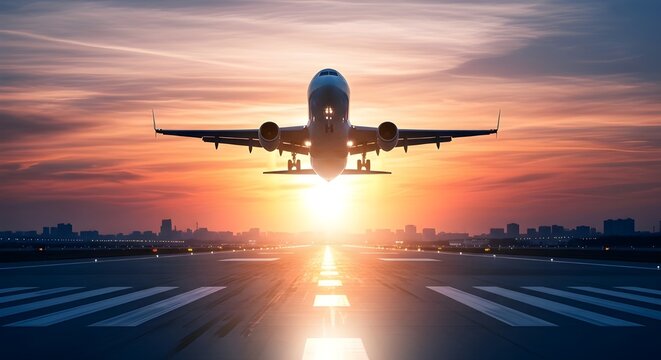 Airplane taking off at sunset with city background