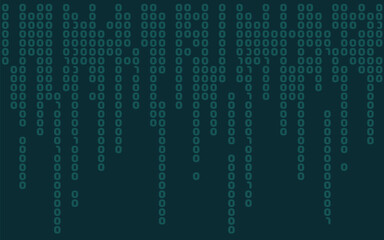 A digital rain of binary code in shades of teal cascading down a dark teal background creating a matrix effect
