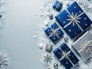 Blue and silver gift boxes with snowflake decorations arranged on frosty icy background with silver ornaments and copy space. Flat lay composition. Winter holiday and Christmas celebration. Design for