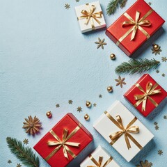 Festive red and white gift boxes with golden decorations on glittery background
