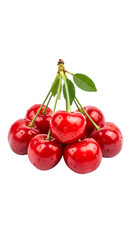 Obraz premium Fresh red cherries with green stems and a leaf, ripe and juicy, isolated on transparent background