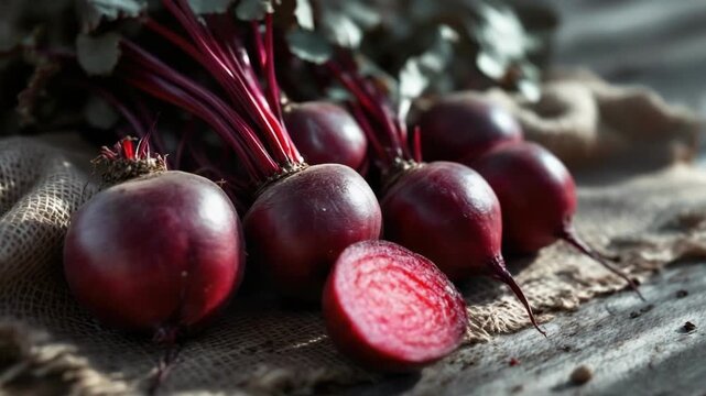 Fresh harvested beetroots on rustic cloth surface with sliced beet detail