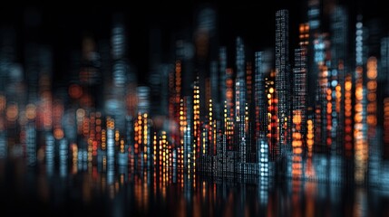 Digital city skyline render with skyscrapers made of data points and glowing abstract bokeh