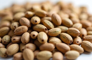 Naklejka premium Pile of dry cardamom pods on white background. Light brown seeds are textured and ridged. Heap of cardamom spice seeds isolated. Cardamom pods are oval and brown. Spice seeds are dry and textured.