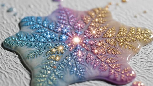 Colorful liquid droplet forming circular ring on gray surface. Spreading into star shaped splash with vibrant hues. Evolving into fern like fractal pattern in macro cinematic view.