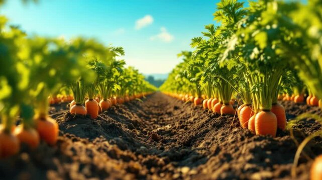 Vibrant carrot field under clear blue sky in lush farm landscape