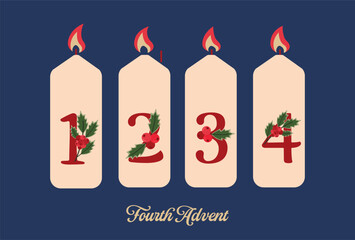 Four burning candles with numbers 1 to 4 decorated with holly leaves. Flat vector illustration. Fourth Advent Sunday celebration.