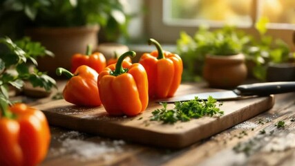 Fresh orange bell peppers on rustic kitchen counter with herbs and sunlight - Powered by Adobe