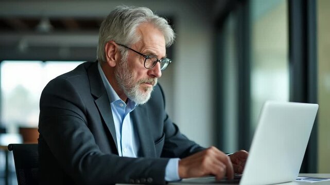 A mature man in a business suit concentrates on his laptop, seated by large windows in a contemporary office environment, representing professionalism and productivity.