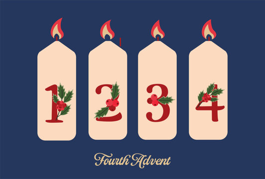 Four burning candles with numbers 1 to 4 decorated with holly leaves. Flat vector illustration. Fourth Advent Sunday celebration. - Powered by Adobe