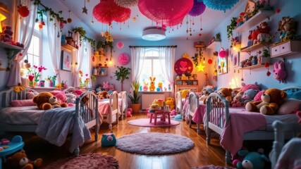 Cozy children's bedroom with colorful toys and soft lighting - Powered by Adobe