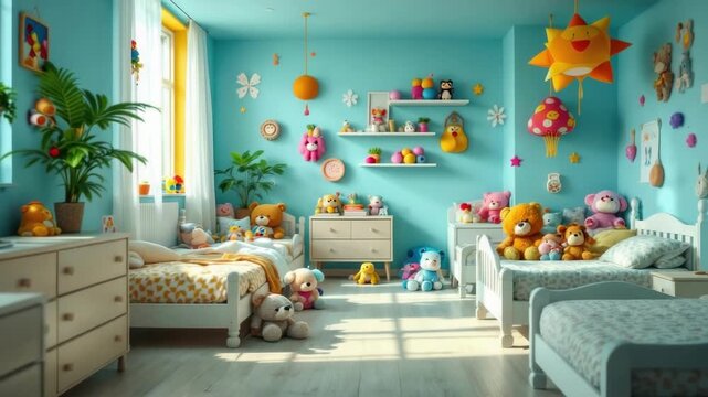 Colorful children's bedroom with plush toys and bright decor