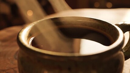 Umber colors dominate atmospheric cinematic shot of coffee