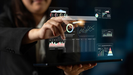 A financial and marketing KPI dashboard for business analytics and strategy. A report showing profit, revenue, and customer conversion rate data. Motif