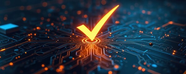 Glowing orange checkmark appears on dark electronic circuit board. Digital approval or confirmation symbol lights up in glowing data flow. Futuristic technology concept.