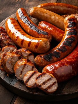Delicious grilled sausages with sliced sausage on wooden cutting board