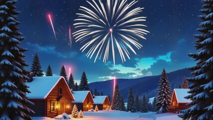 Snowy mountain village, shining fireworks, night celebration - Powered by Adobe