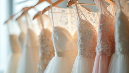 Variety of elegant wedding gowns hanging on wooden hangers. Dresses are white with delicate lace details. Bridal collection suitable for boutique fashion and event planning industry.