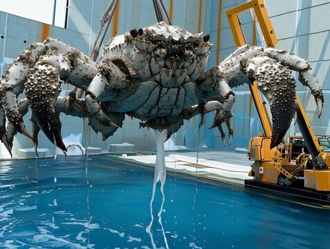 Giant crab caught by crane hook underwater in dark deep sea