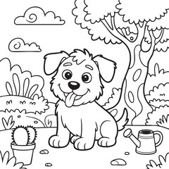 Cute cartoon puppy sitting in a garden with a watering can and cactus illustration outline