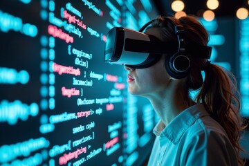 Woman immersed in a futuristic digital realm, coding with a virtual reality headset and surrounded by floating lines of code and data streams.