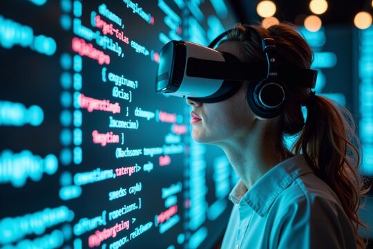 Woman immersed in a futuristic digital realm, coding with a virtual reality headset and surrounded by floating lines of code and data streams.