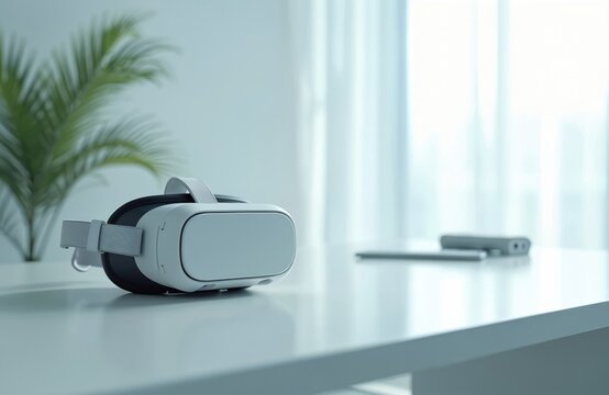 Virtual reality headset rests on a modern white desk. Natural light streams across a polished surface. VR glasses technology futuristic office innovation.