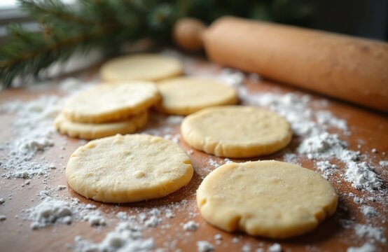 Fresh cookie dough rounds sit ready on wooden table covered with white flour. Wooden rolling pin rests nearby, ready for use. Homemade baking preparation creates sweet treats for family. Green pine - Powered by Adobe