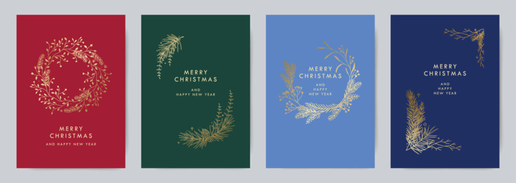 Merry Christmas greeting cards with luxury golden wreaths and frames. Winter fir tree branches, plants and pine cones. Vector illustrations for advertising, flyer, invitation, packaging, menu - Powered by Adobe