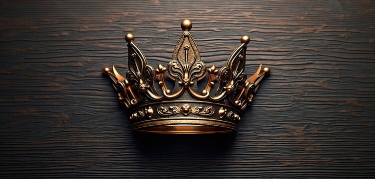 Ornate bronze crown rests on dark wood grain texture. Intricate royal symbol offers rich, sophisticated design element. Majestic emblem signifies power, luxury. Decorative accessory for exclusive